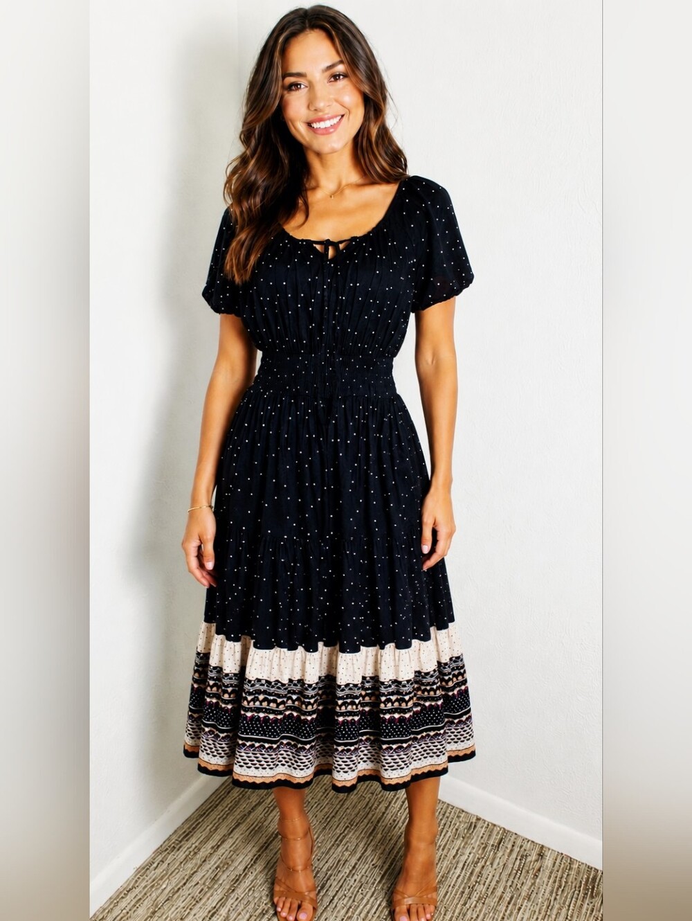 J Gee Black & Cream Polka-Dot Boho Midi Dress w/Cream & Brown Border, Sz Small